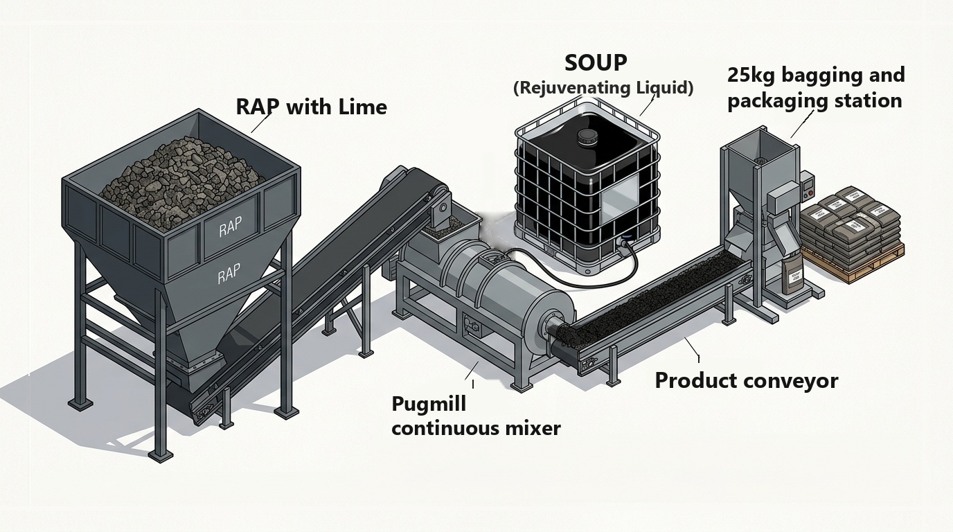 Clean 3D Isometric Production Line: RAP with Lime Hopper, 1 Single IBC Tote of Jet-Black SOUP Dosing, Ambient Mixing, 25kg Bagging