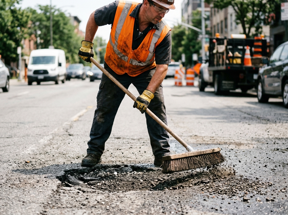 Step 1: Worker sweeping debris out of round uneven pothole with push broom