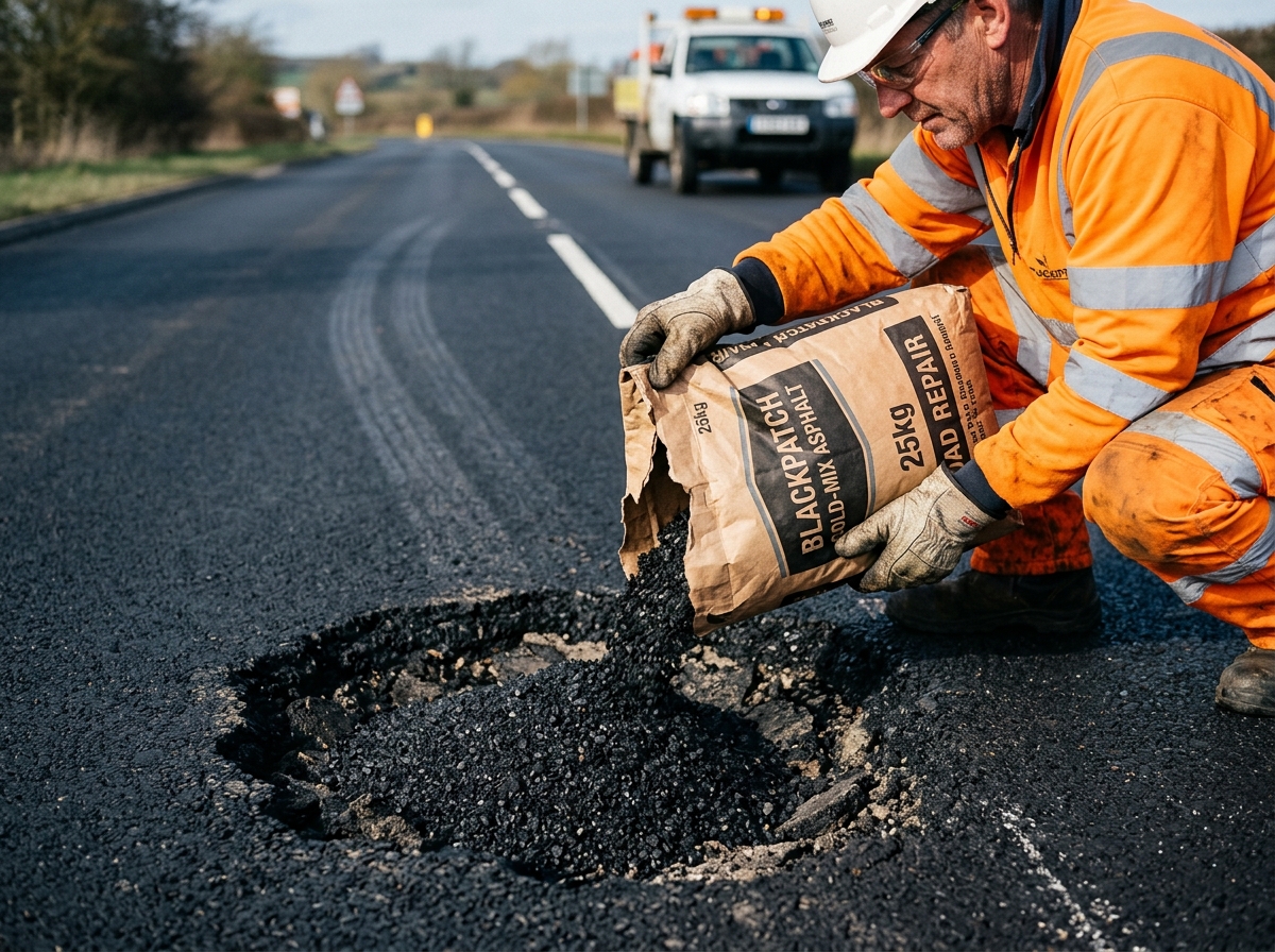 Step 2: Worker pouring cold-mix asphalt directly from 25kg bag into round uneven pothole on clean road