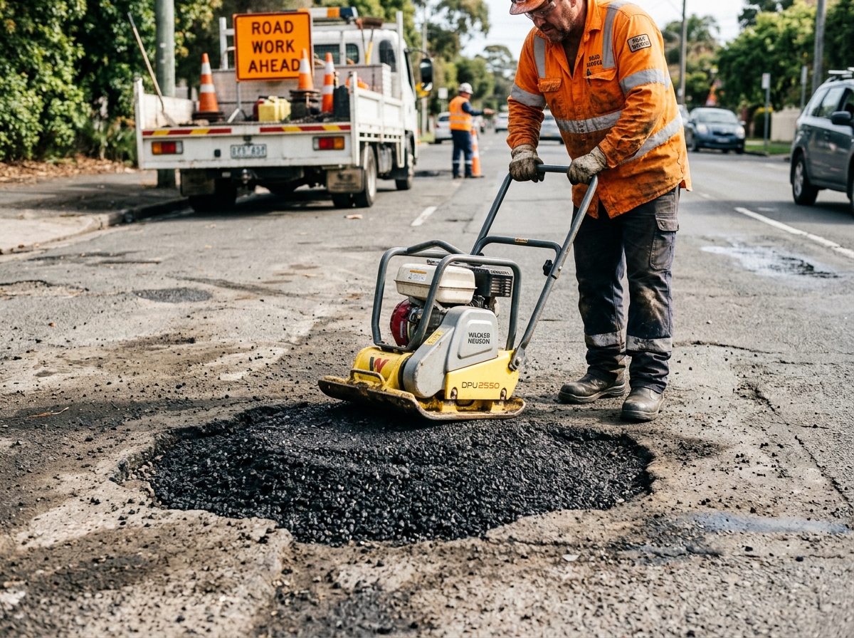 Step 3: Worker compacting overfilled crowned asphalt patch in round uneven pothole