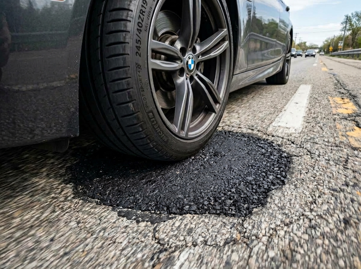Step 4: Passenger car tire driving directly over completely filled, flush round uneven pothole patch